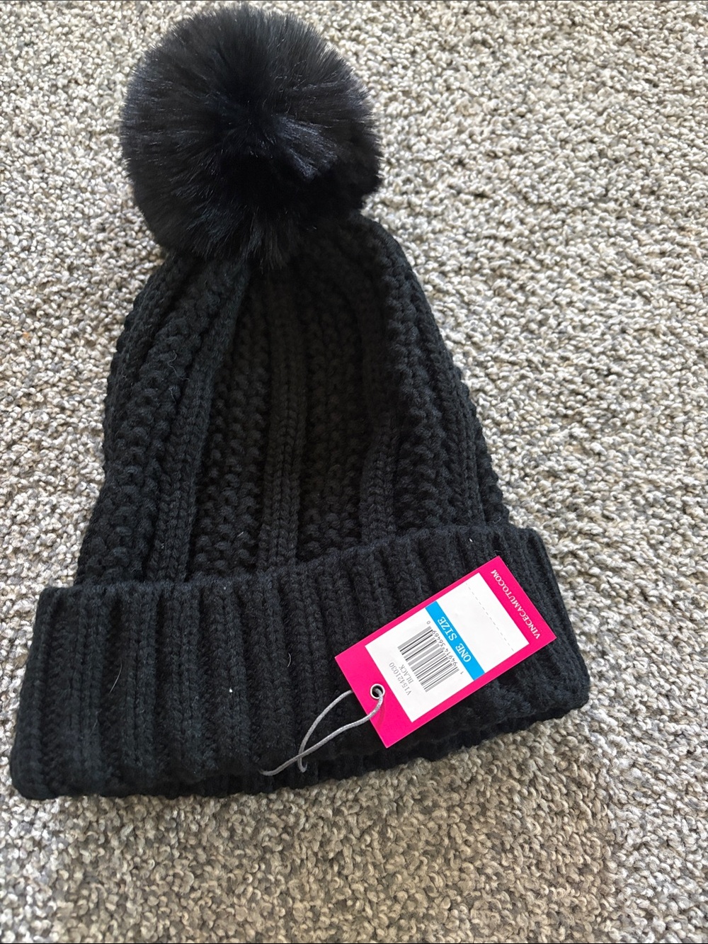 Black Pom Knit Beanie Cozy Winter Hat